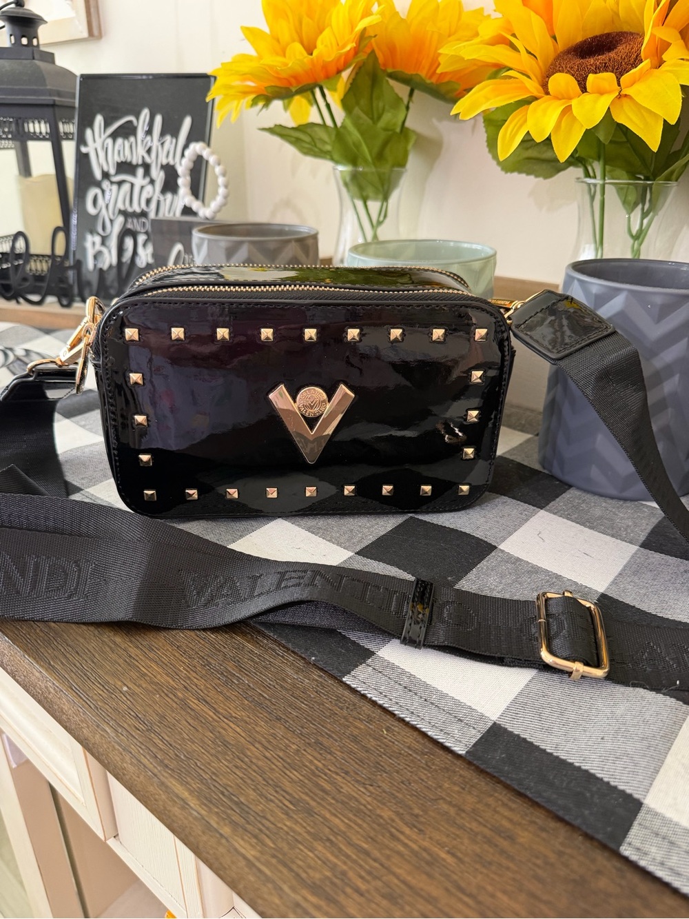 Valentino Black Patent Leather Studded Crossbody with Gold Hardware